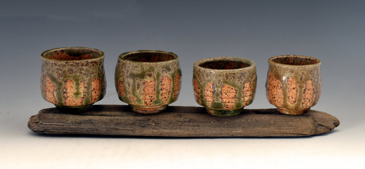 Guinomi Stoneware Cups on Driftwood