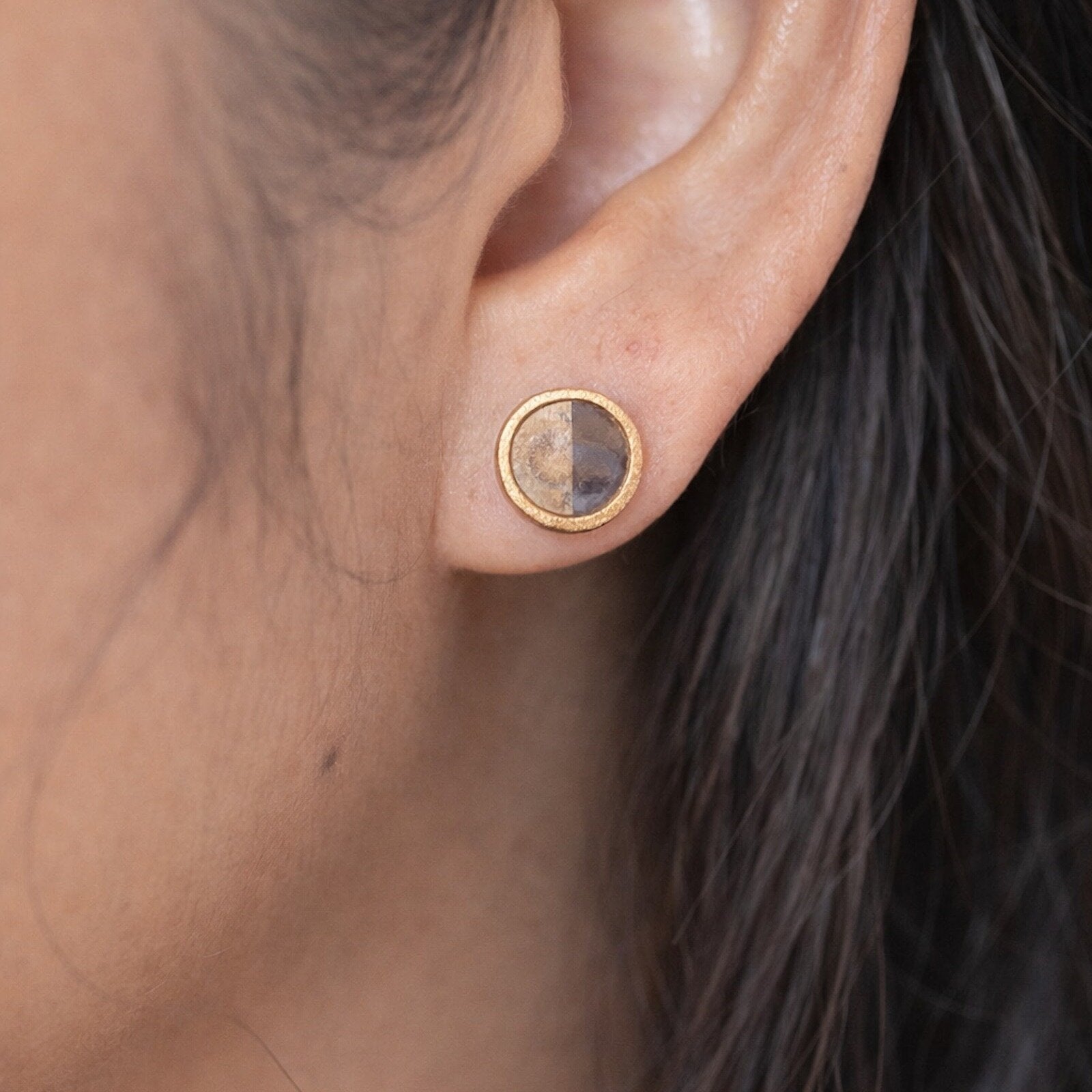 Blue Chalcedony and Fossilized Coral Gold Intarsia Stud Earrings