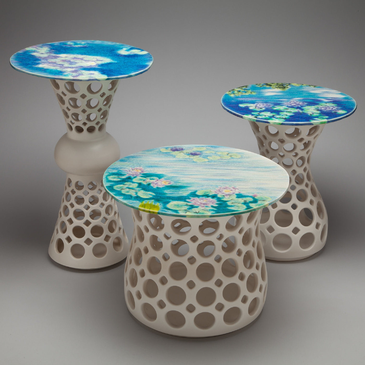 Turquoise Water Lily Motif Ceramic Side Table