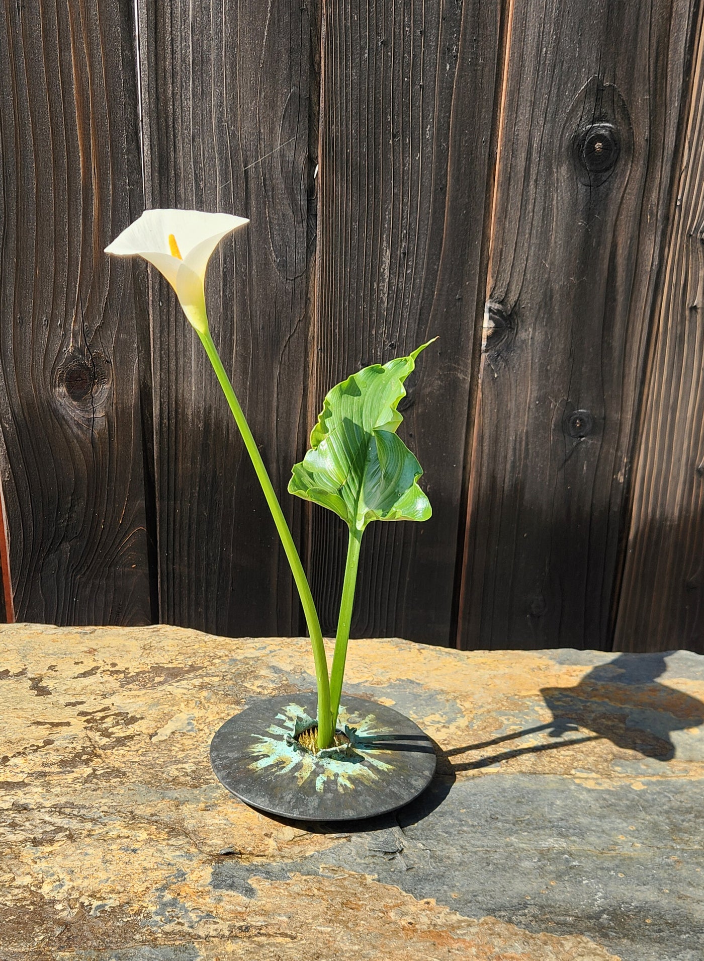 Tricolor lens vase with lily. Size large.