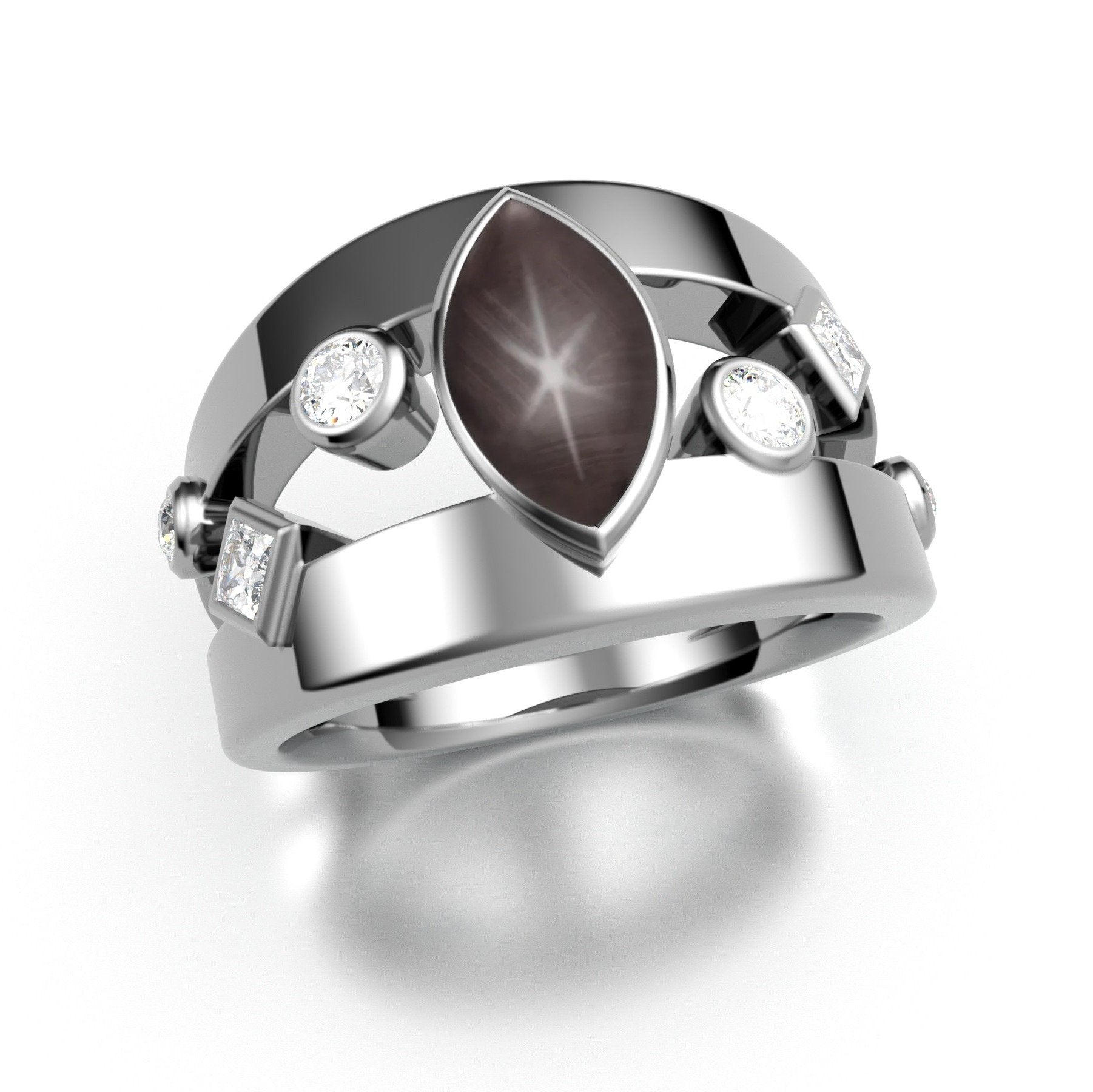 Black Star Sapphire Marquise Ring with Gems
