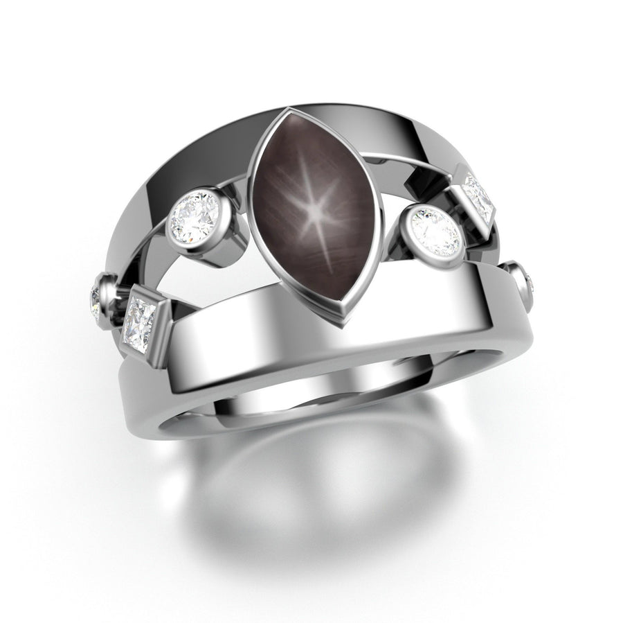 Black Star Sapphire Marquise Ring with Gems