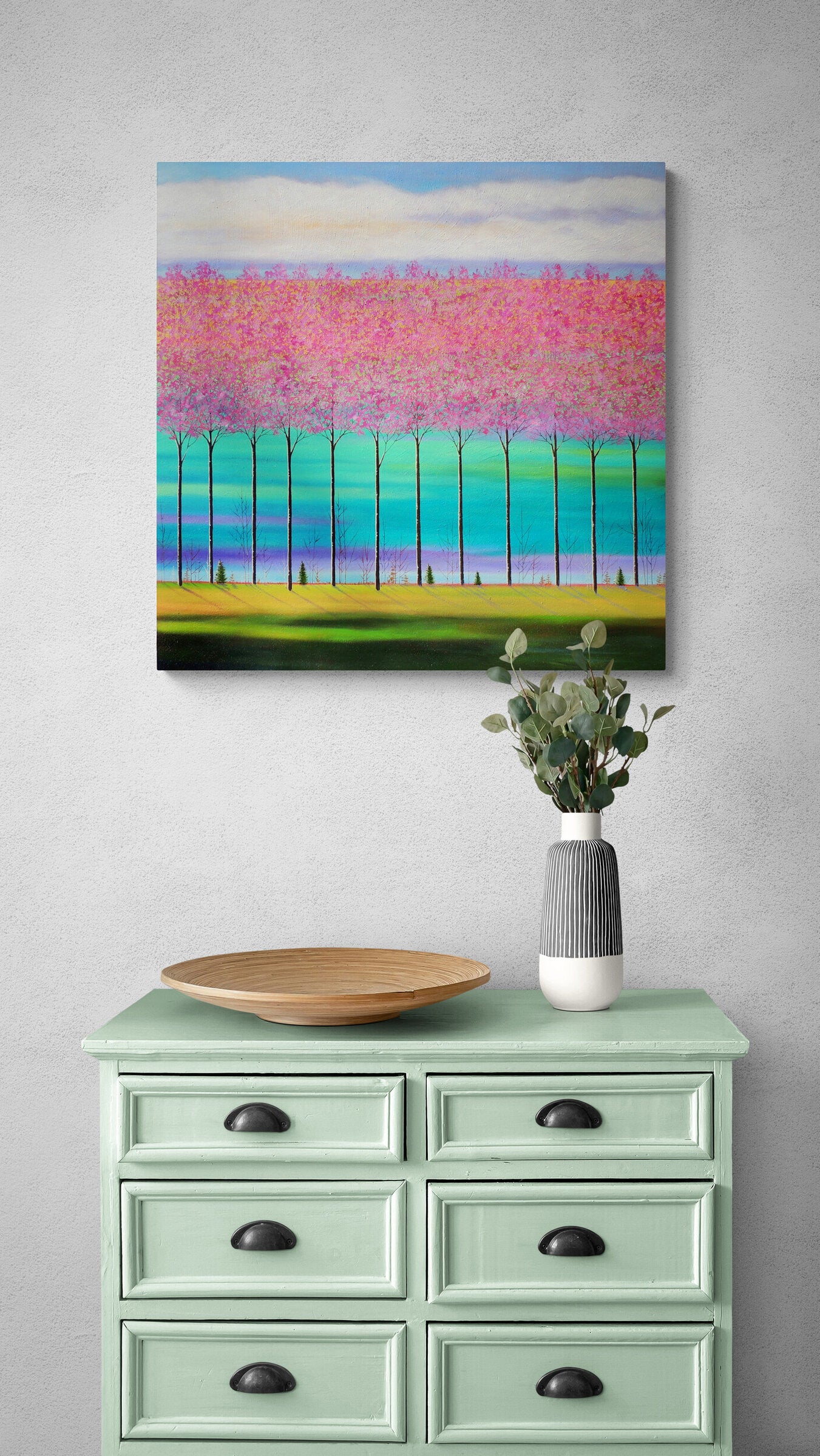 The Pink Trees on Teal-Green