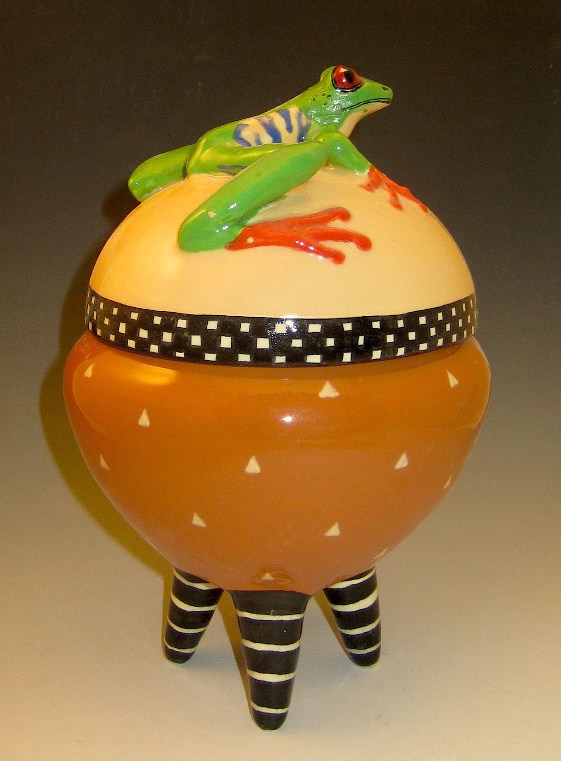 Red Eyed Tree Frog Lidded Jar on Striped Legs
