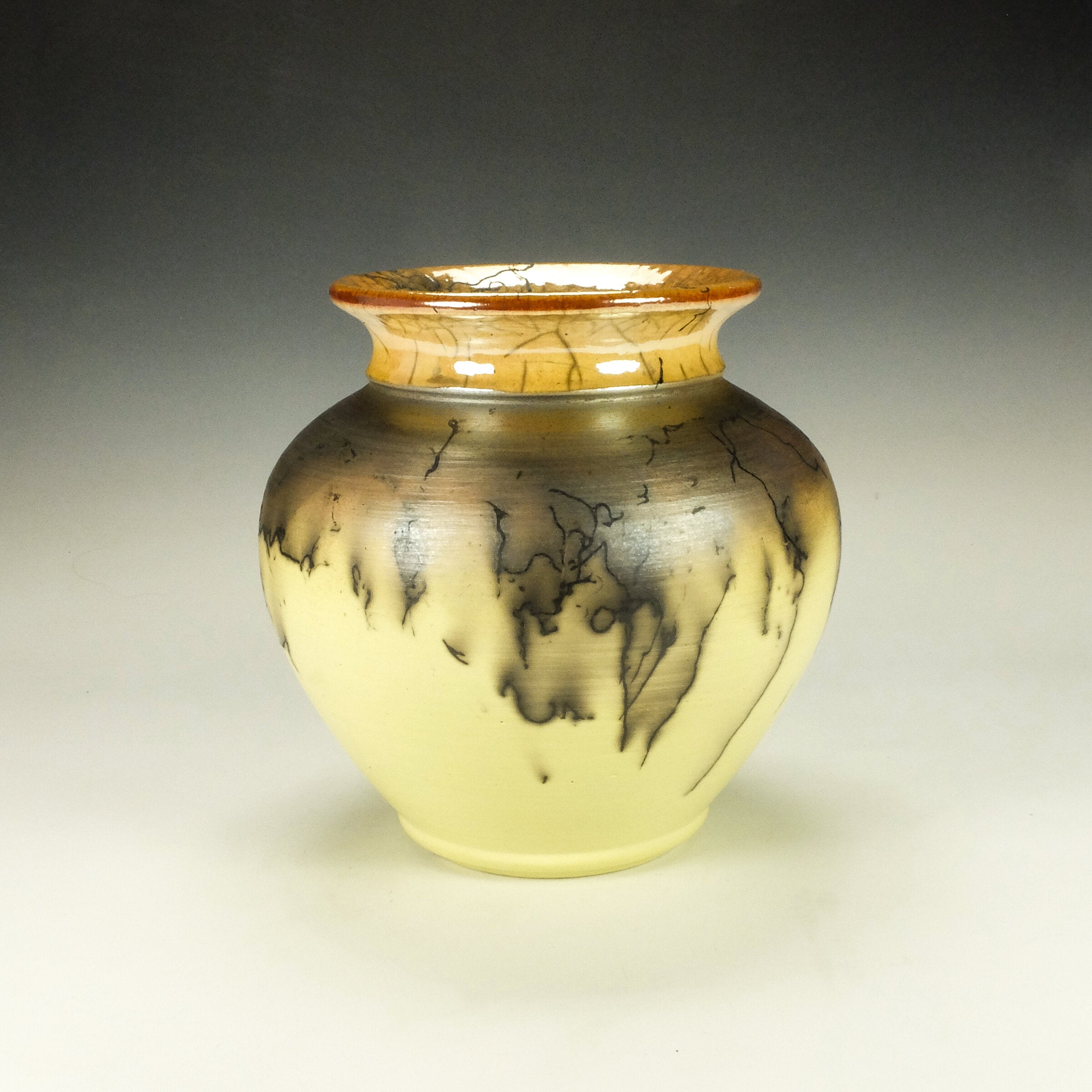 Bright Yellow Squat Horsehair Raku Pottery