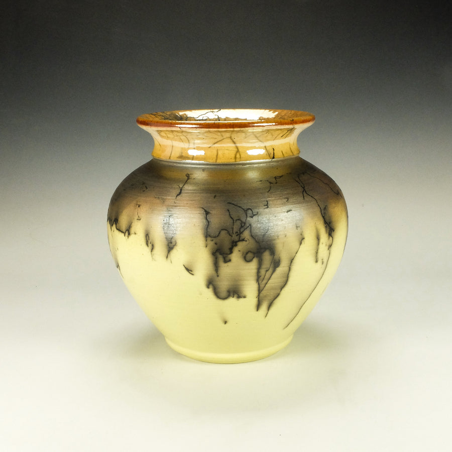 Bright Yellow Squat Horsehair Raku Pottery
