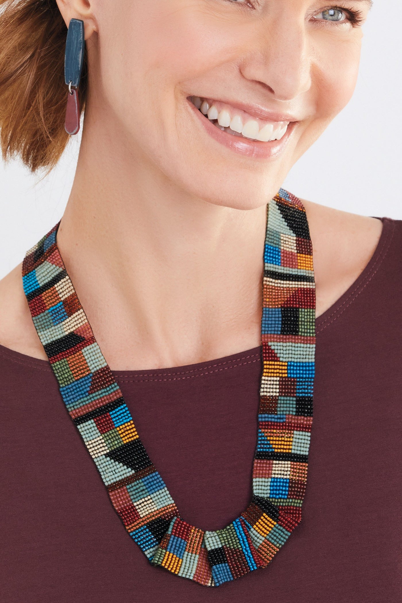 Dusky Blue/Rust, shown with the Pleated Necklace by Julie Powell