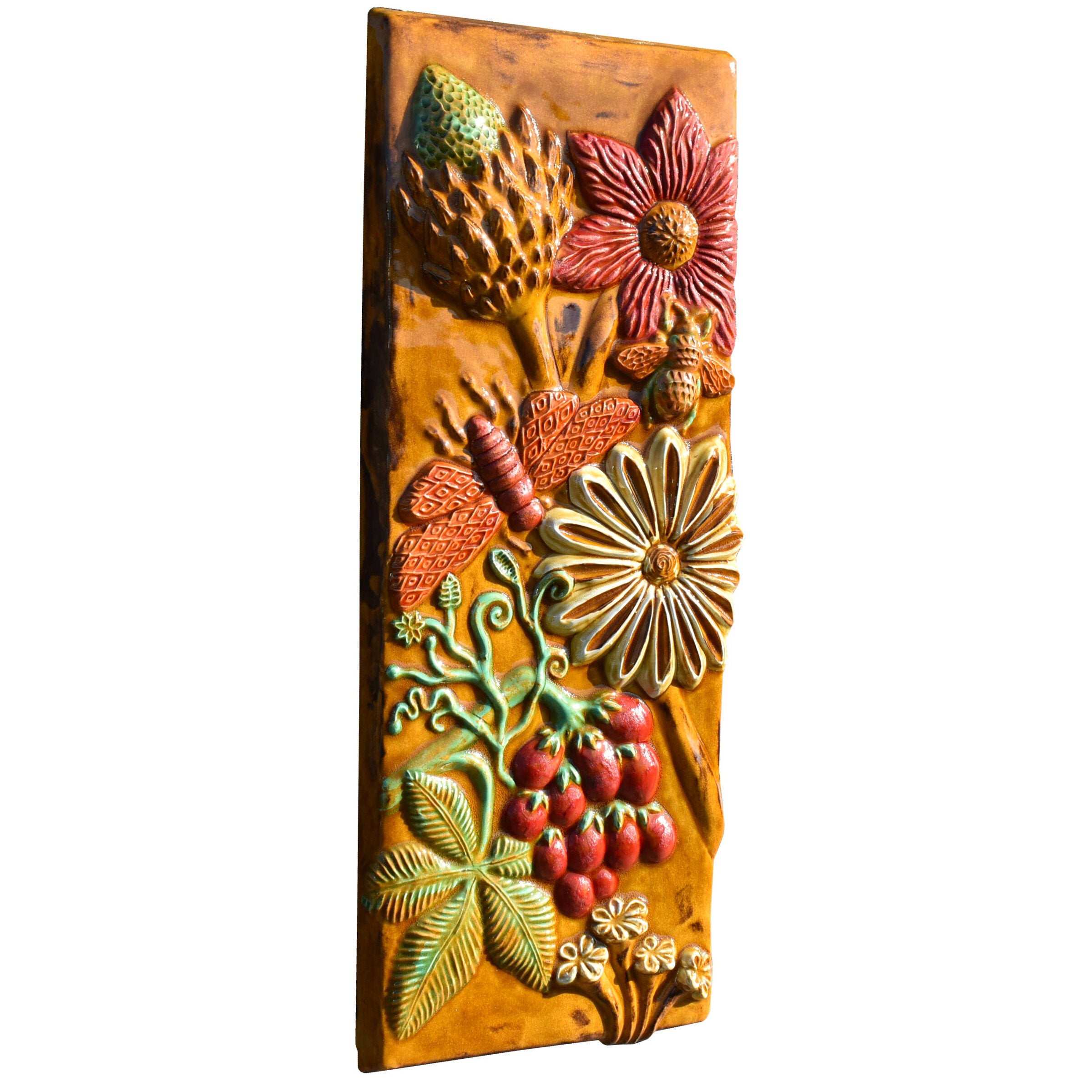 Botanical Tall Tile in Yellow, Red & Green Glazes