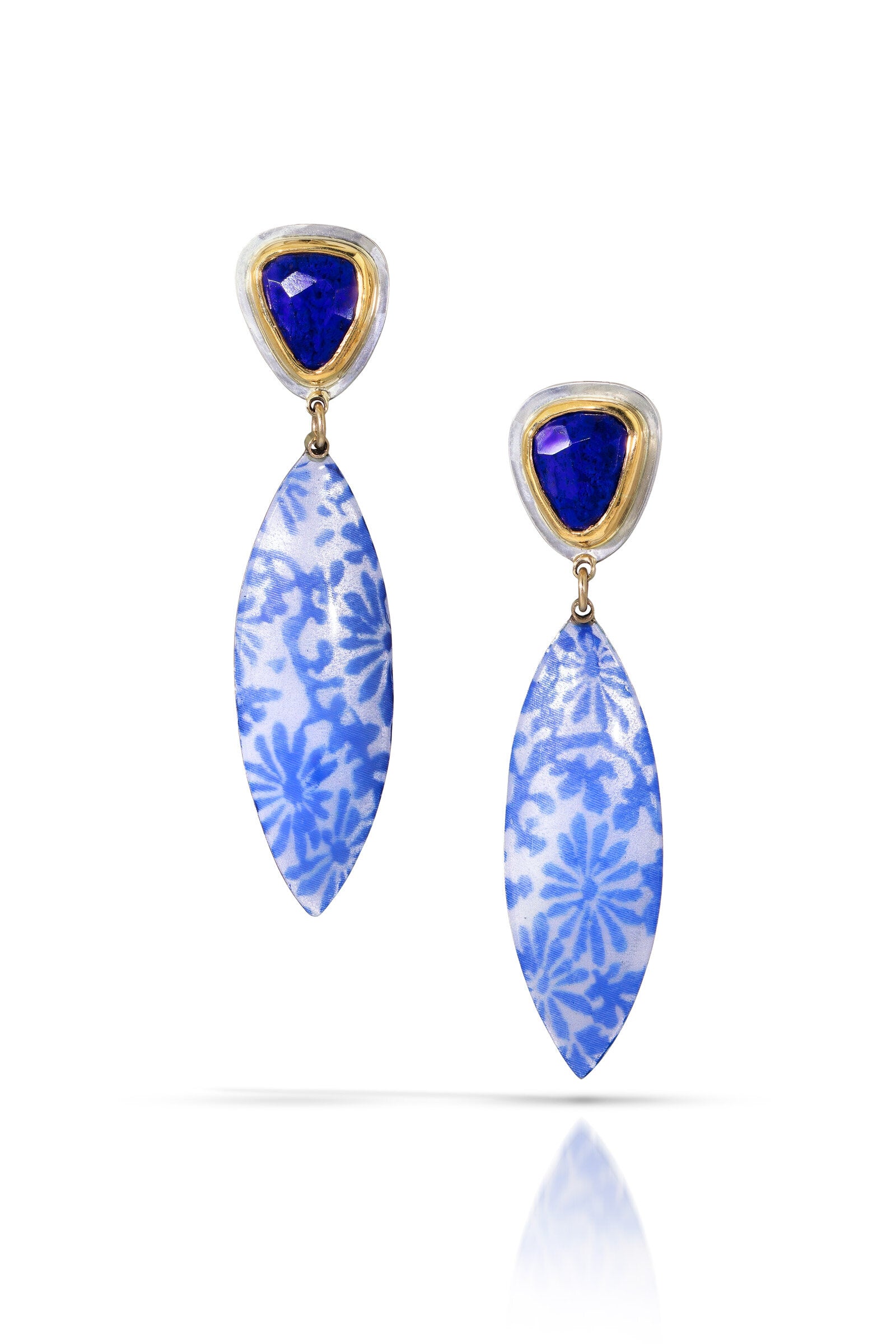 Rose Cut Lapis & Blue Floral Marquis Earrings