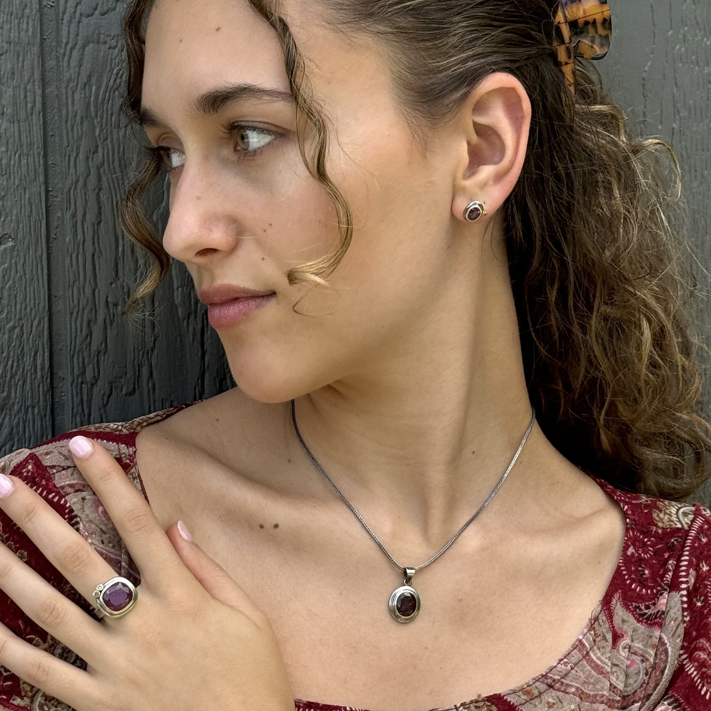 Ruby, Silver & Gold Stud Earrings