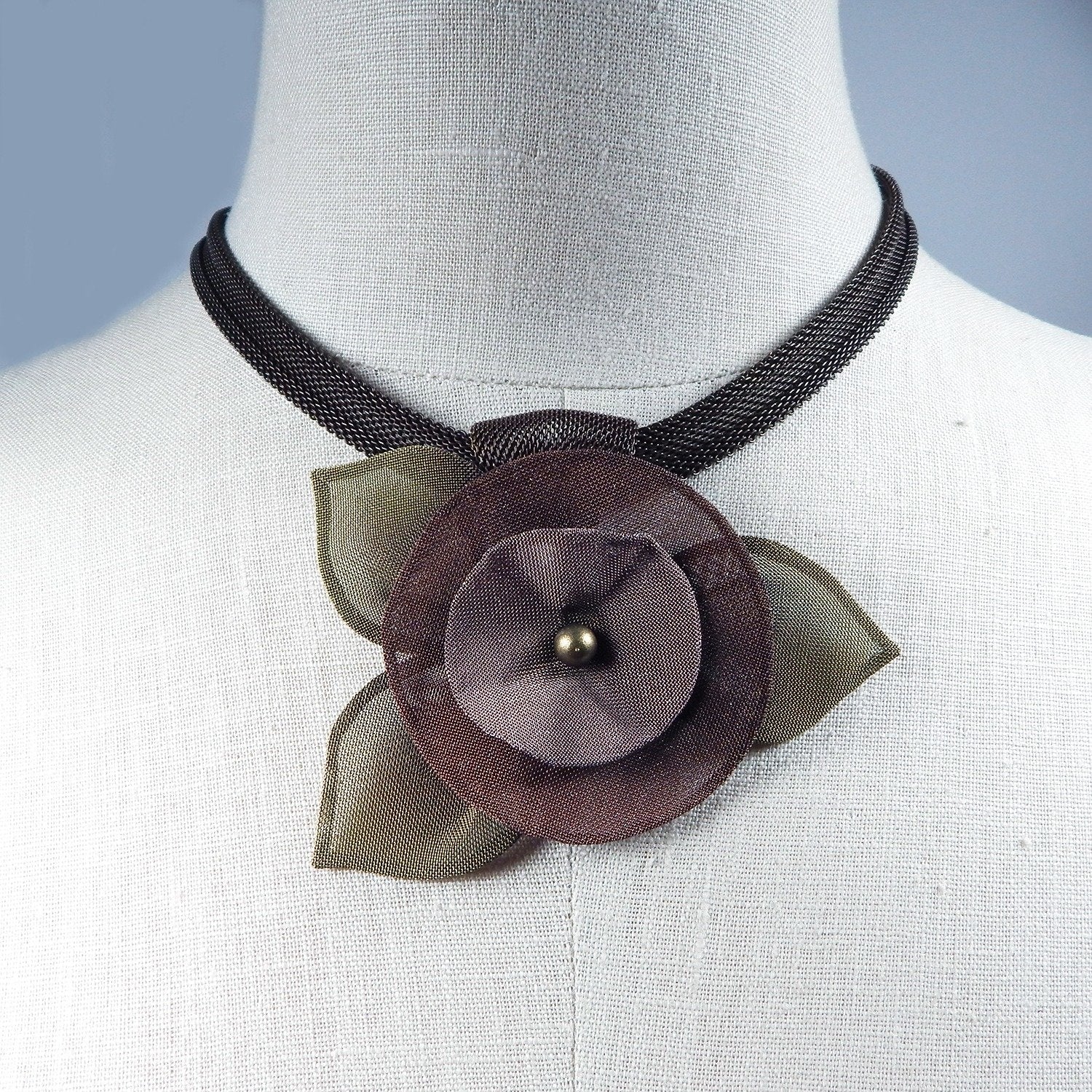 Pansy Flower with Leaves Necklace