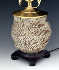 White Carved Stoneware Lamp with Steel Branch Shade