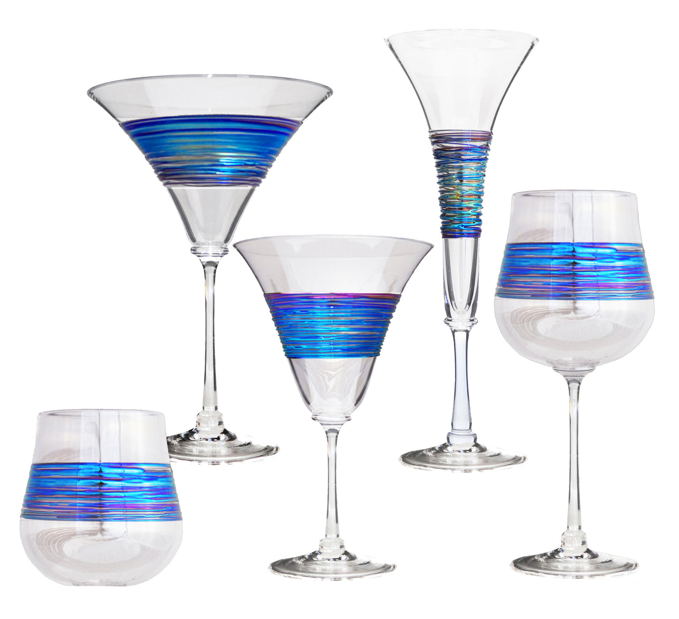 left to right: Stemless Wine,  martini, venetian wine, flute, wine