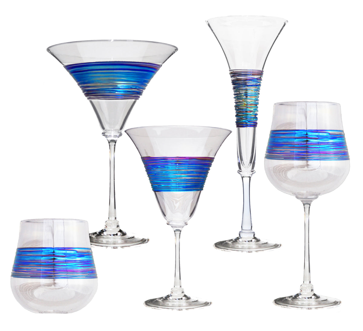 left to right: Stemless Wine,  martini, venetian wine, flute, wine