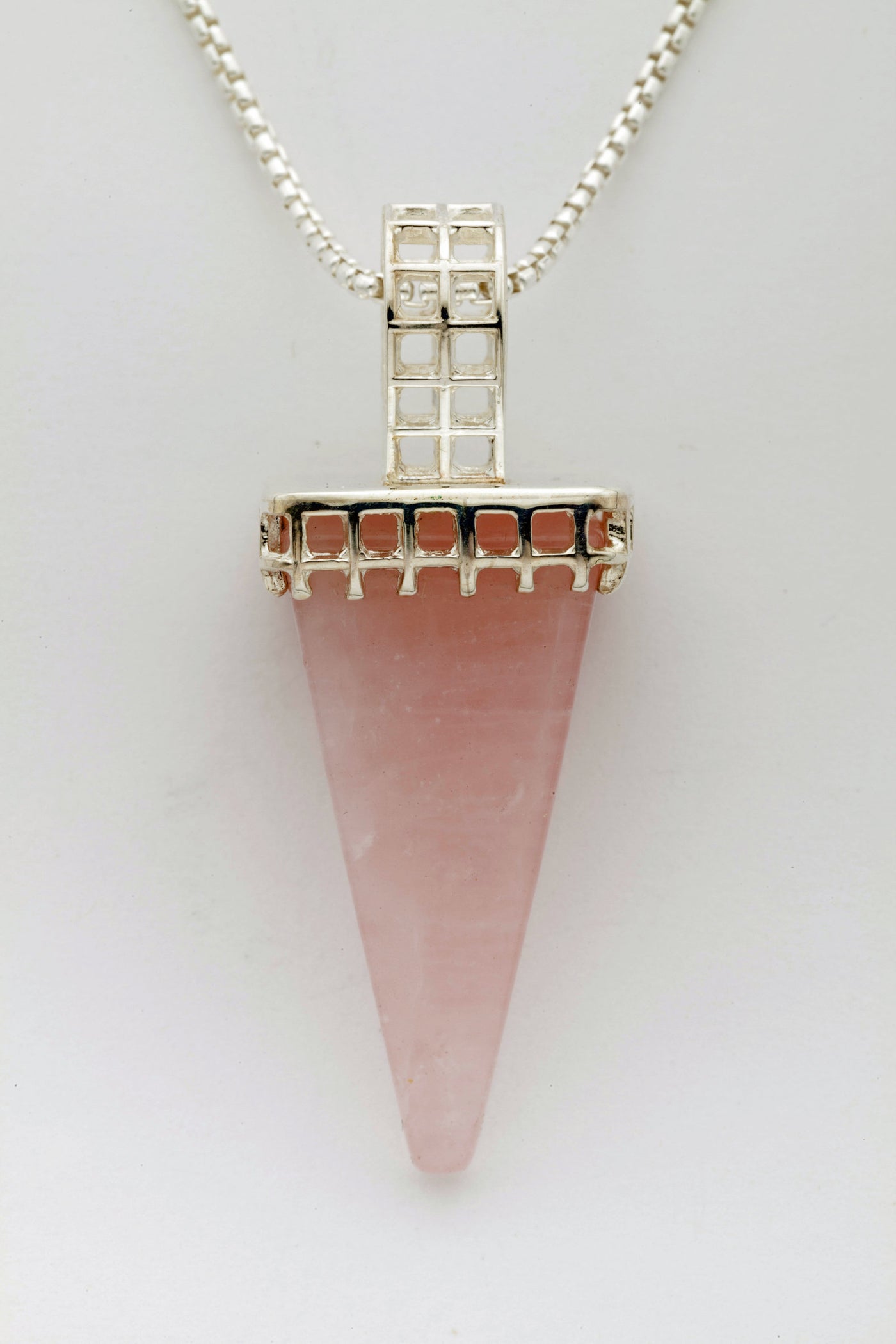 Mesh Silver Pendant with Rose Quartz Obelisk