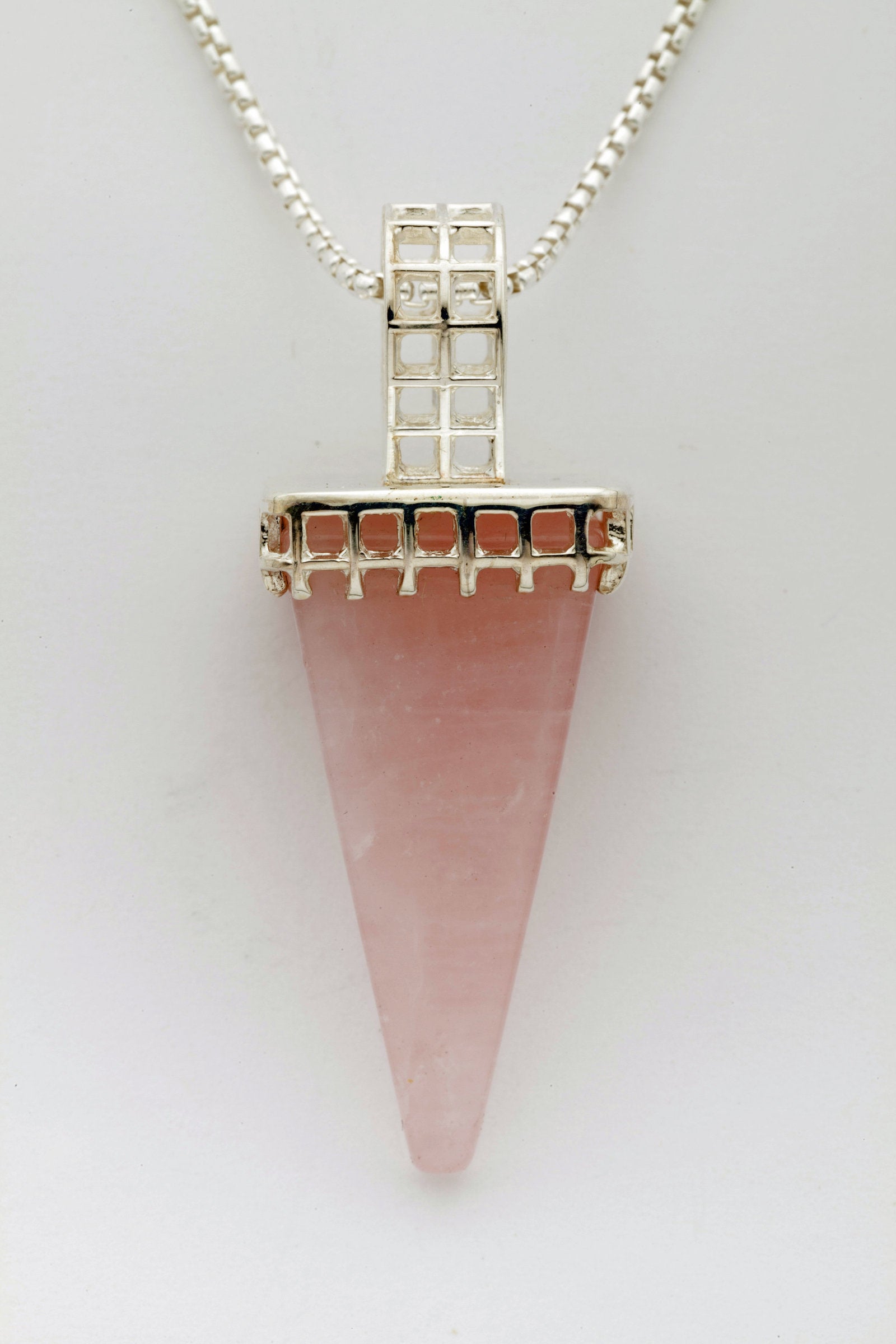 Mesh Silver Pendant with Rose Quartz Obelisk
