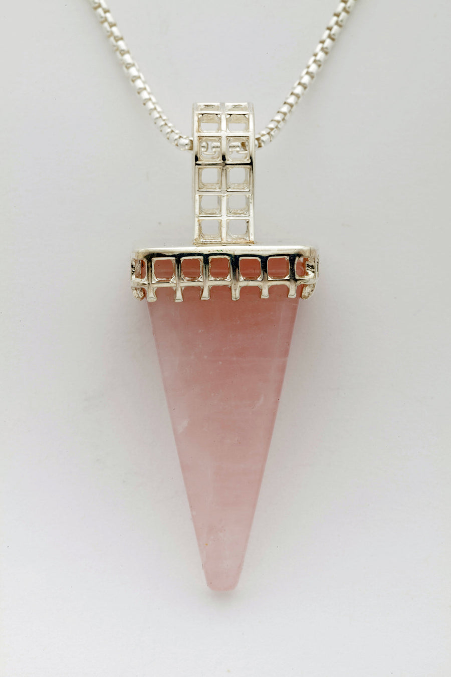 Mesh Silver Pendant with Rose Quartz Obelisk