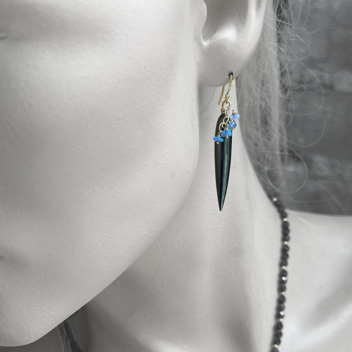 Hematite & Blue Opal Gold Earrings
