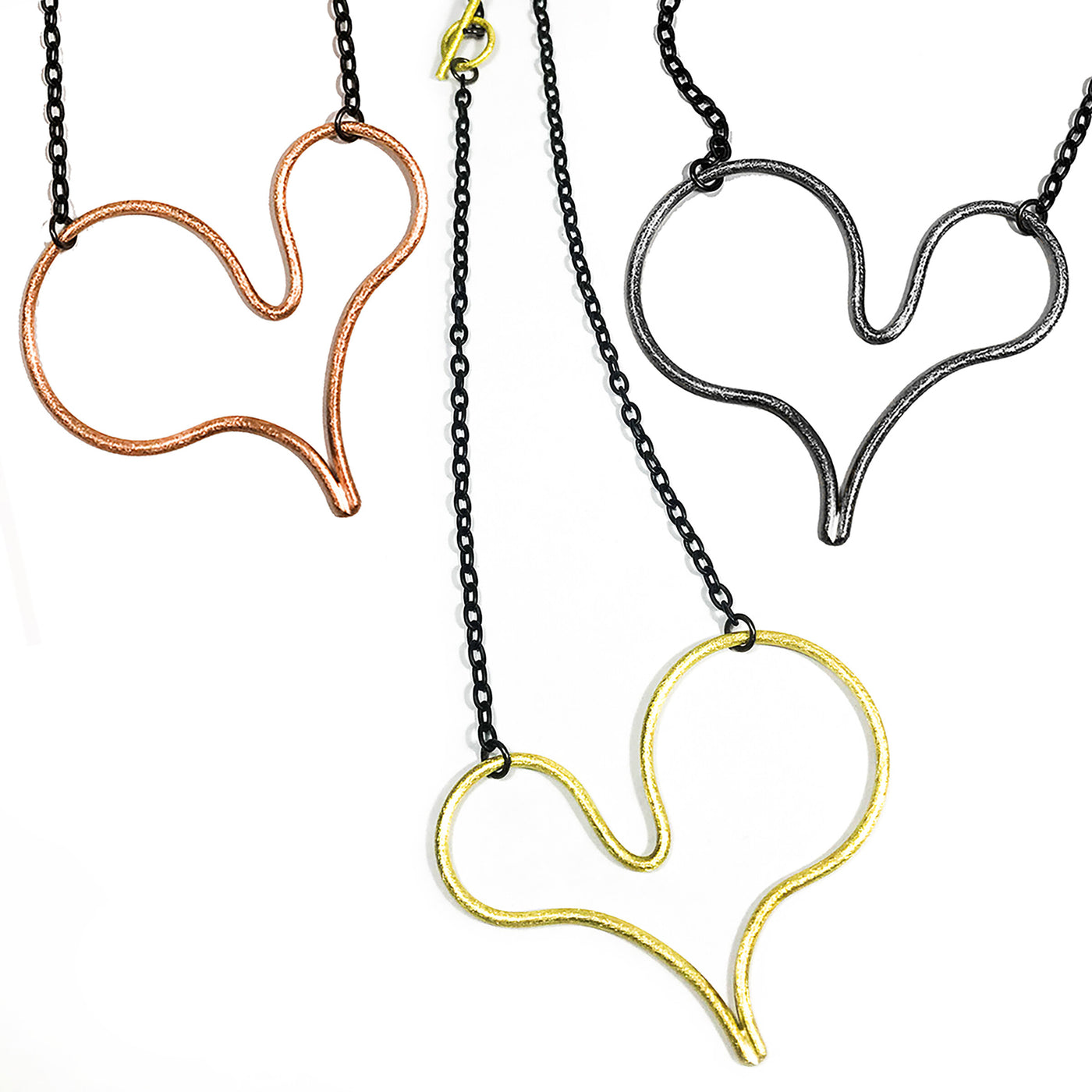 Big Heart Necklaces in copper, yellow brass, and black silver