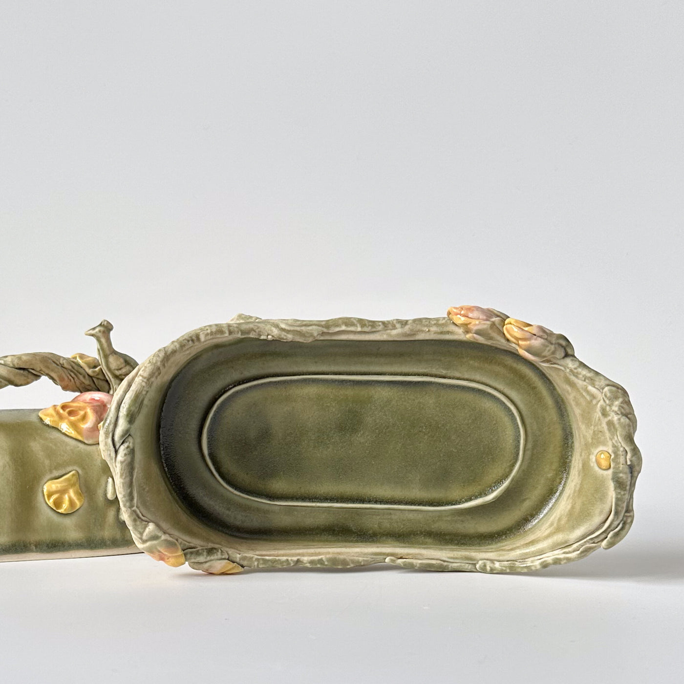 Peacock and Roses Butter Dish in Sage and Dusty Pink