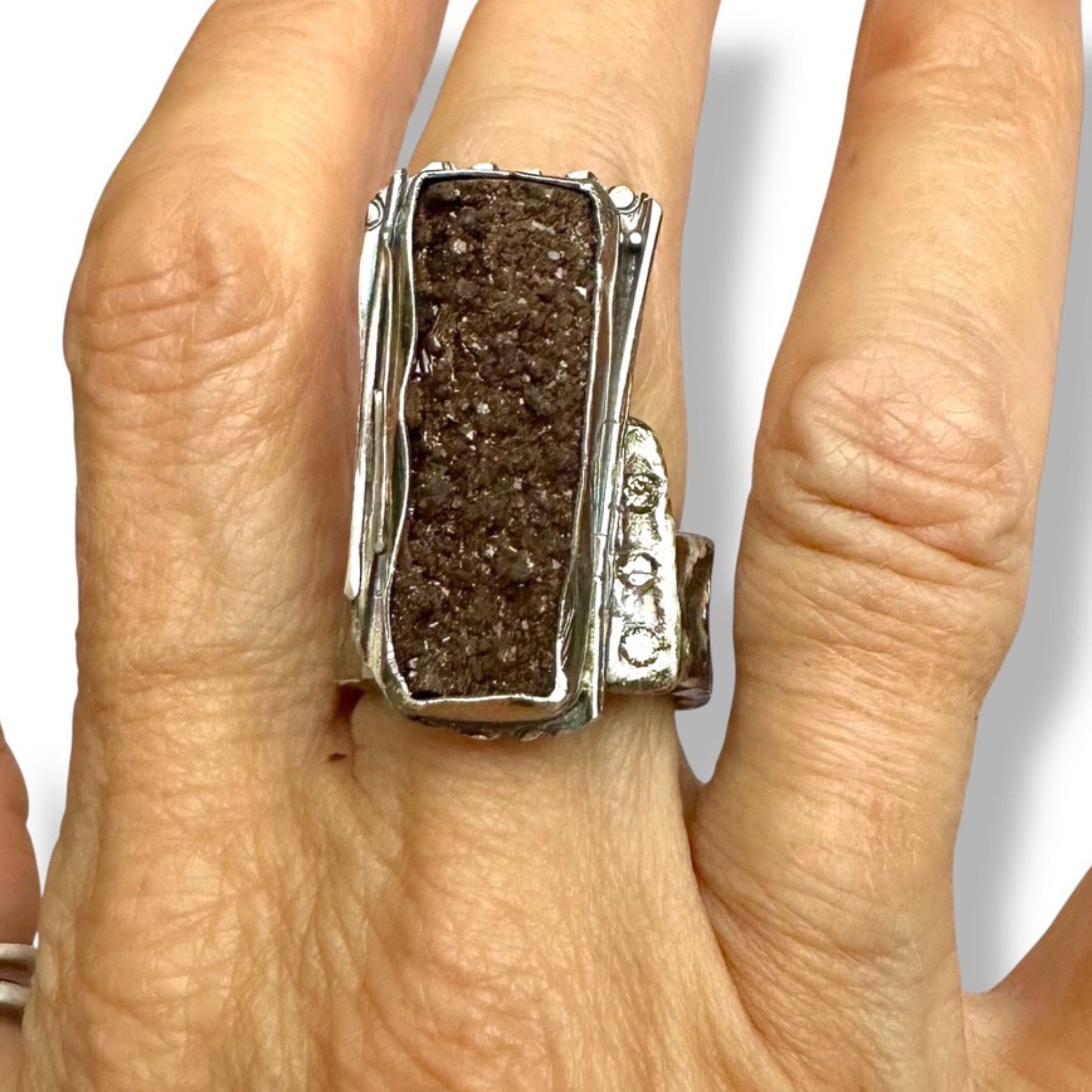 Petrified Wood Druzy Statement Ring