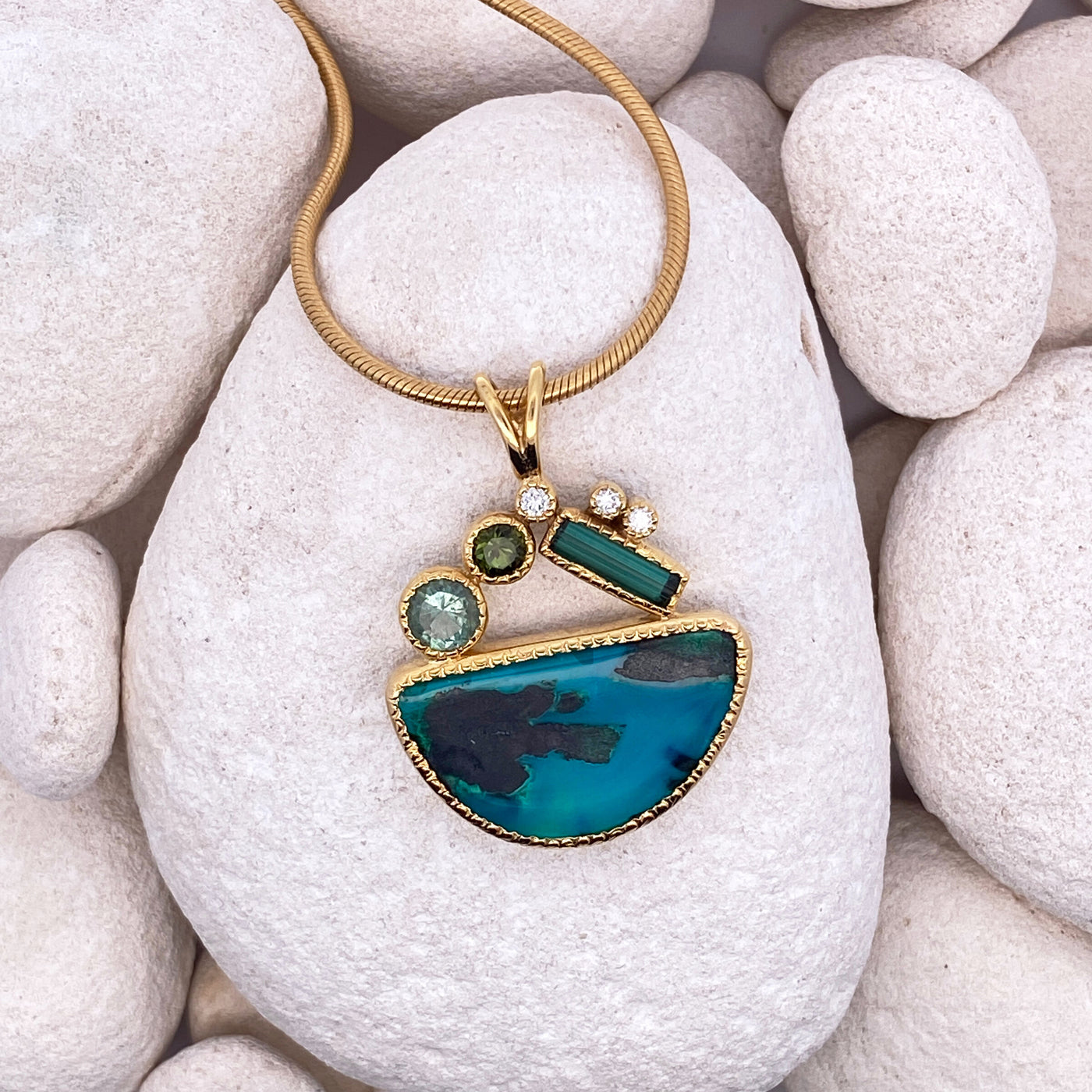 14k Gold, Gem Silica & Tourmaline Pendant II