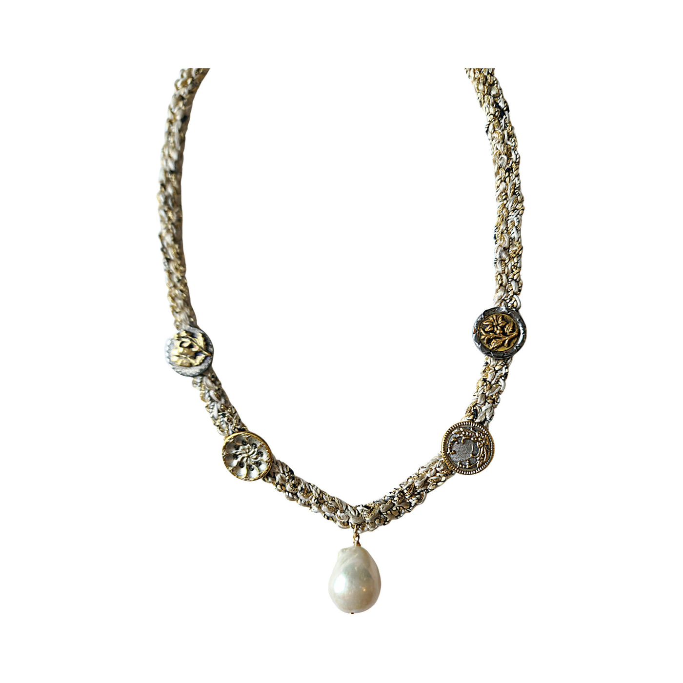 Baroque Pearl and Botanic Antique Button Necklace
