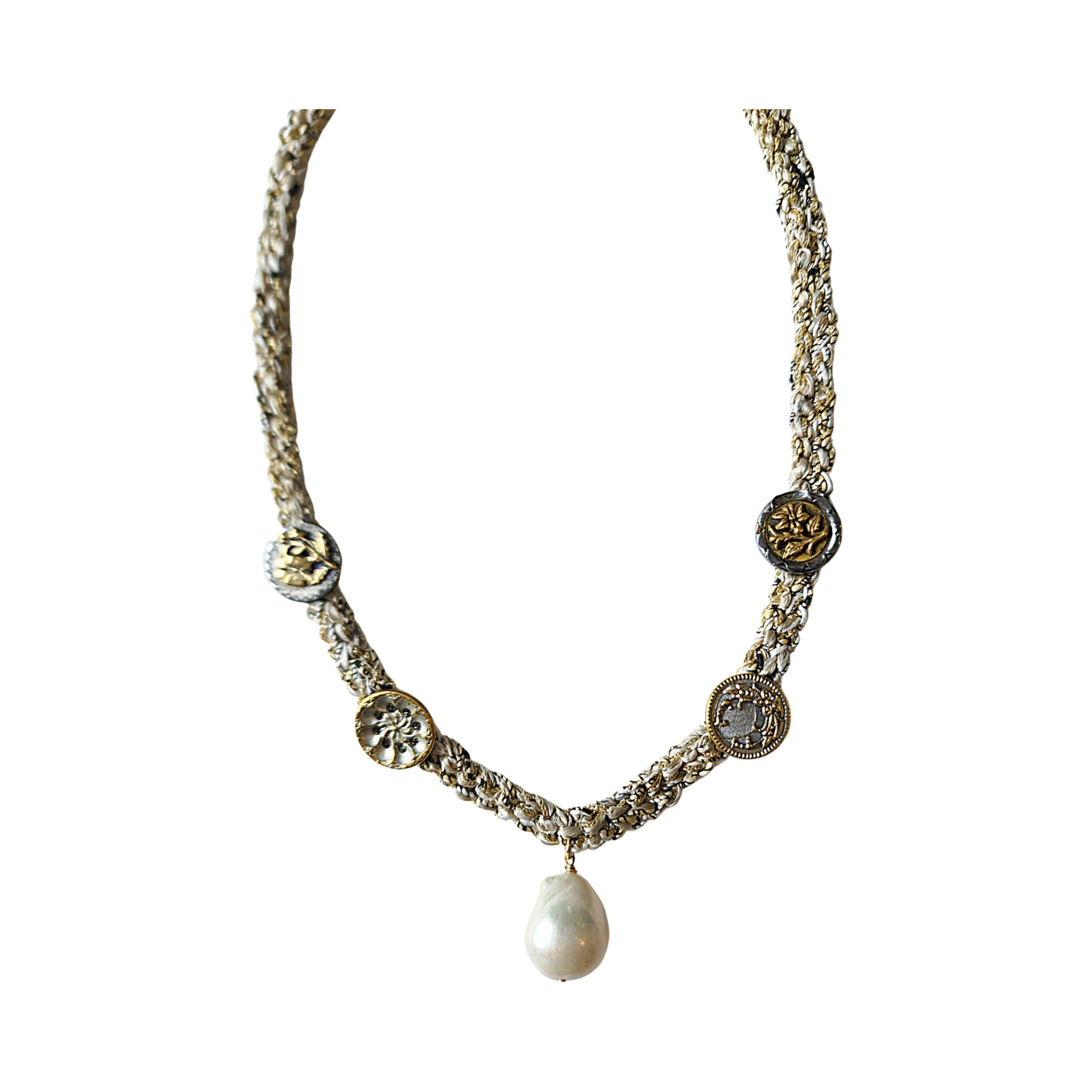 Baroque Pearl and Botanic Antique Button Necklace