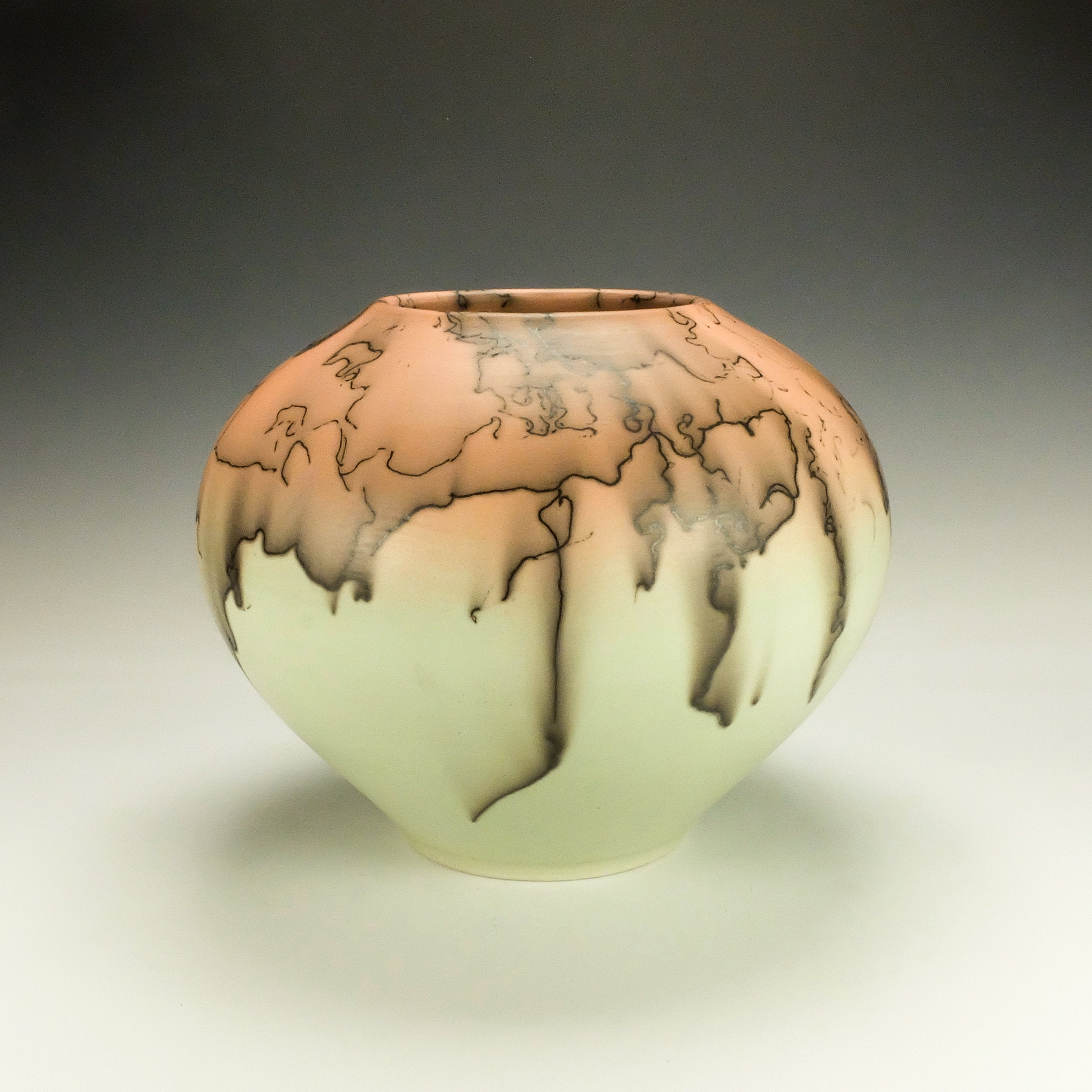 Large Green and Orange Horsehair Raku Pottery