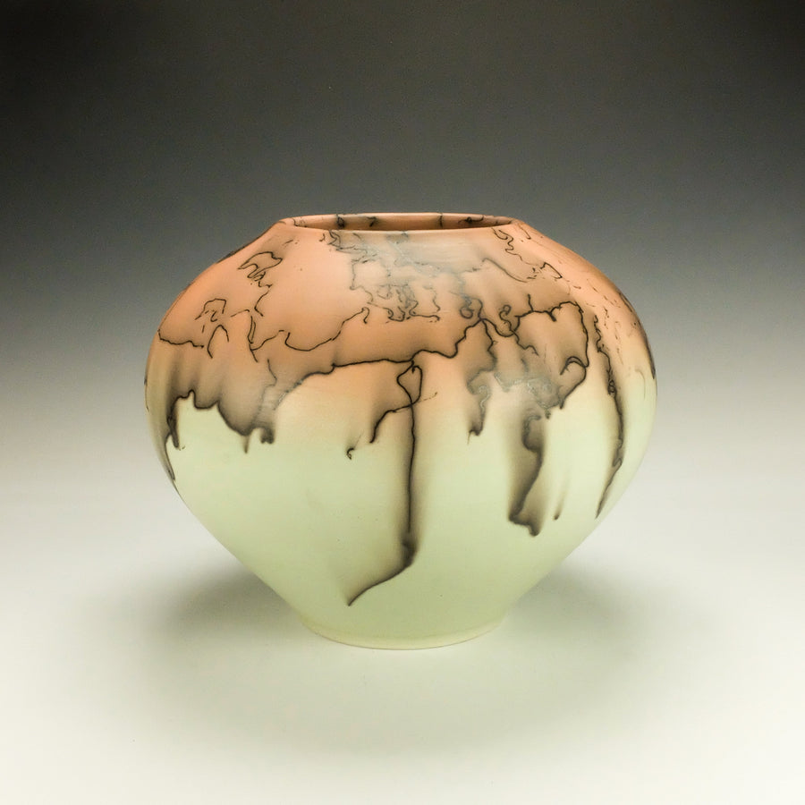Large Green and Orange Horsehair Raku Pottery
