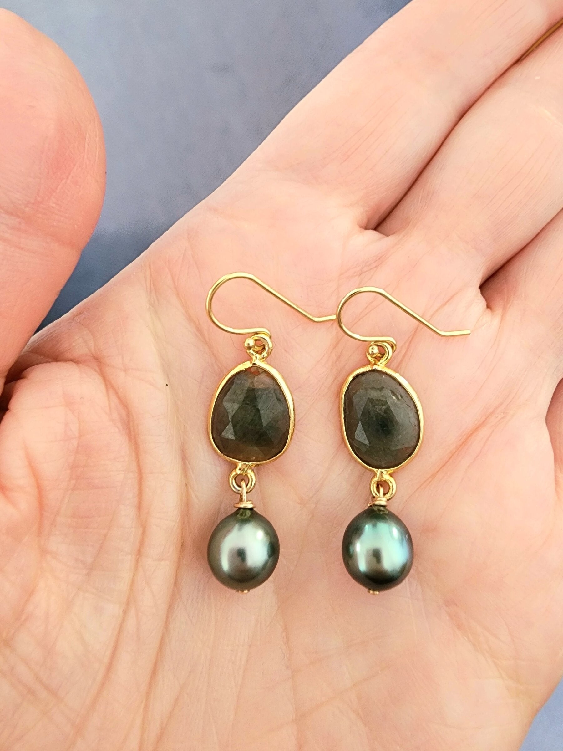 Olive Green Sapphire and Tahitian Pearl Earrings
