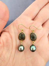 Olive Green Sapphire and Tahitian Pearl Earrings