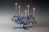 Cobalt Tree of Life Menorah with Lavender and Teal Leaves