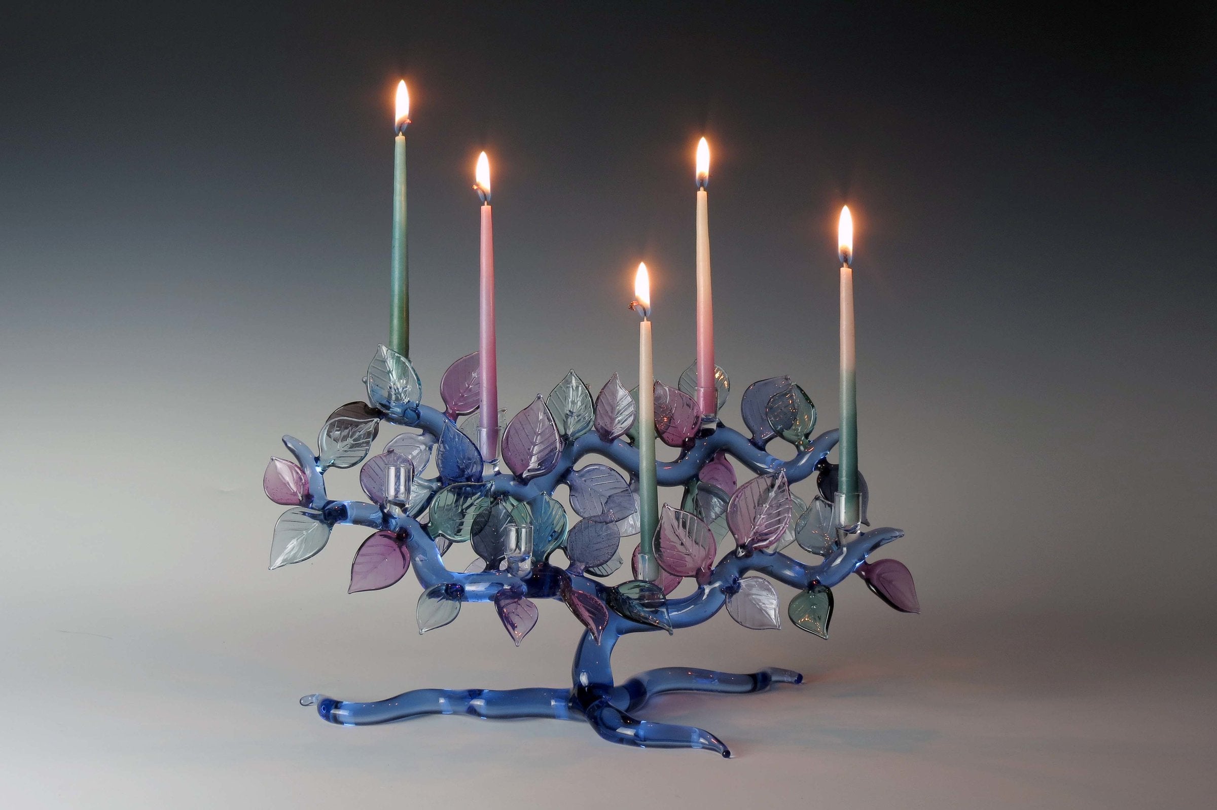 Cobalt Tree of Life Menorah with Lavender and Teal Leaves