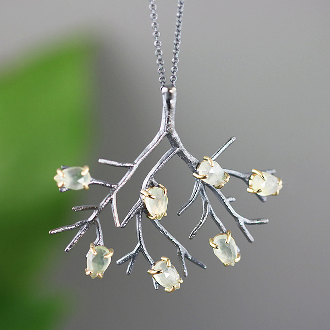 Oxidized Silver and Prehnite Tree Pendant