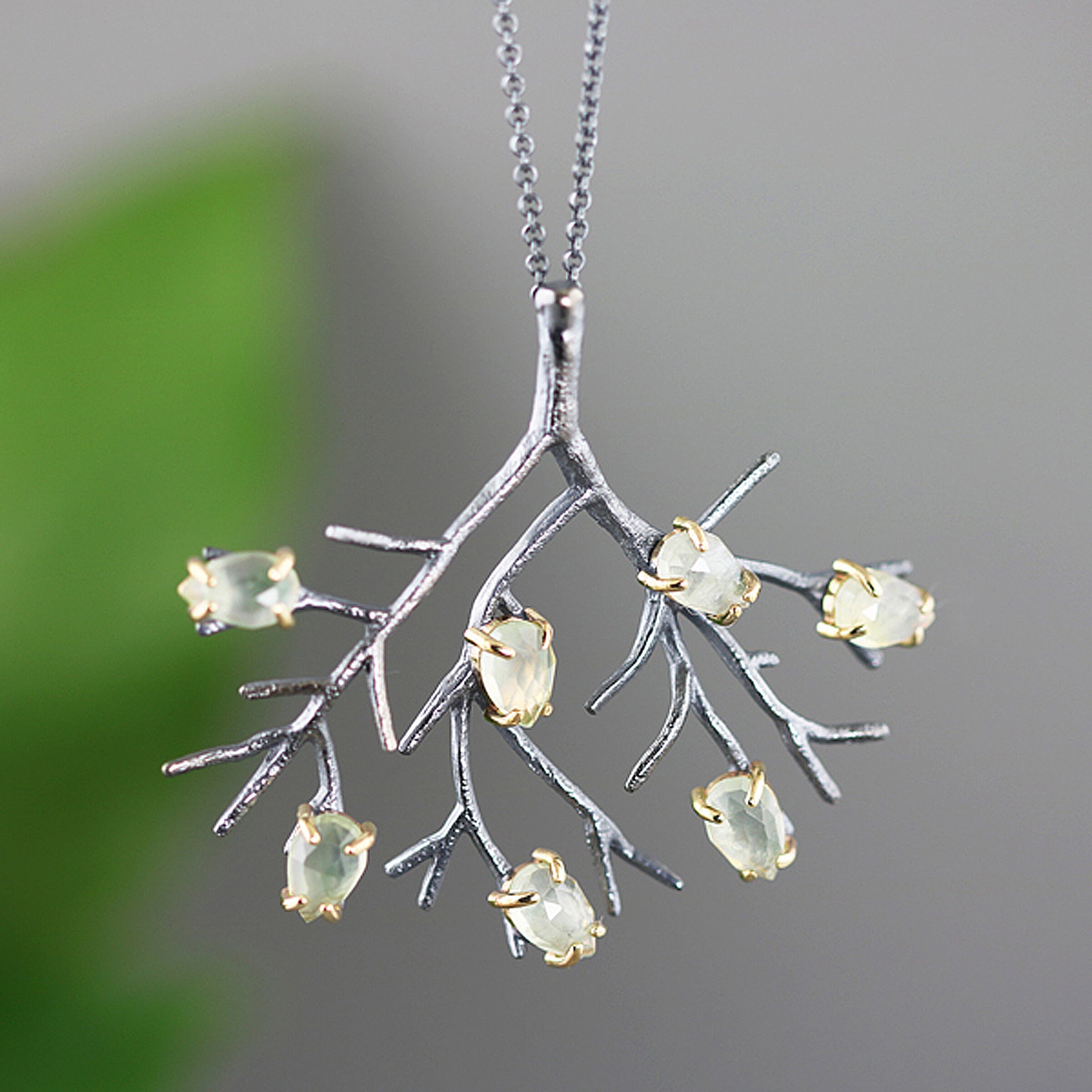 Oxidized Silver and Prehnite Tree Pendant