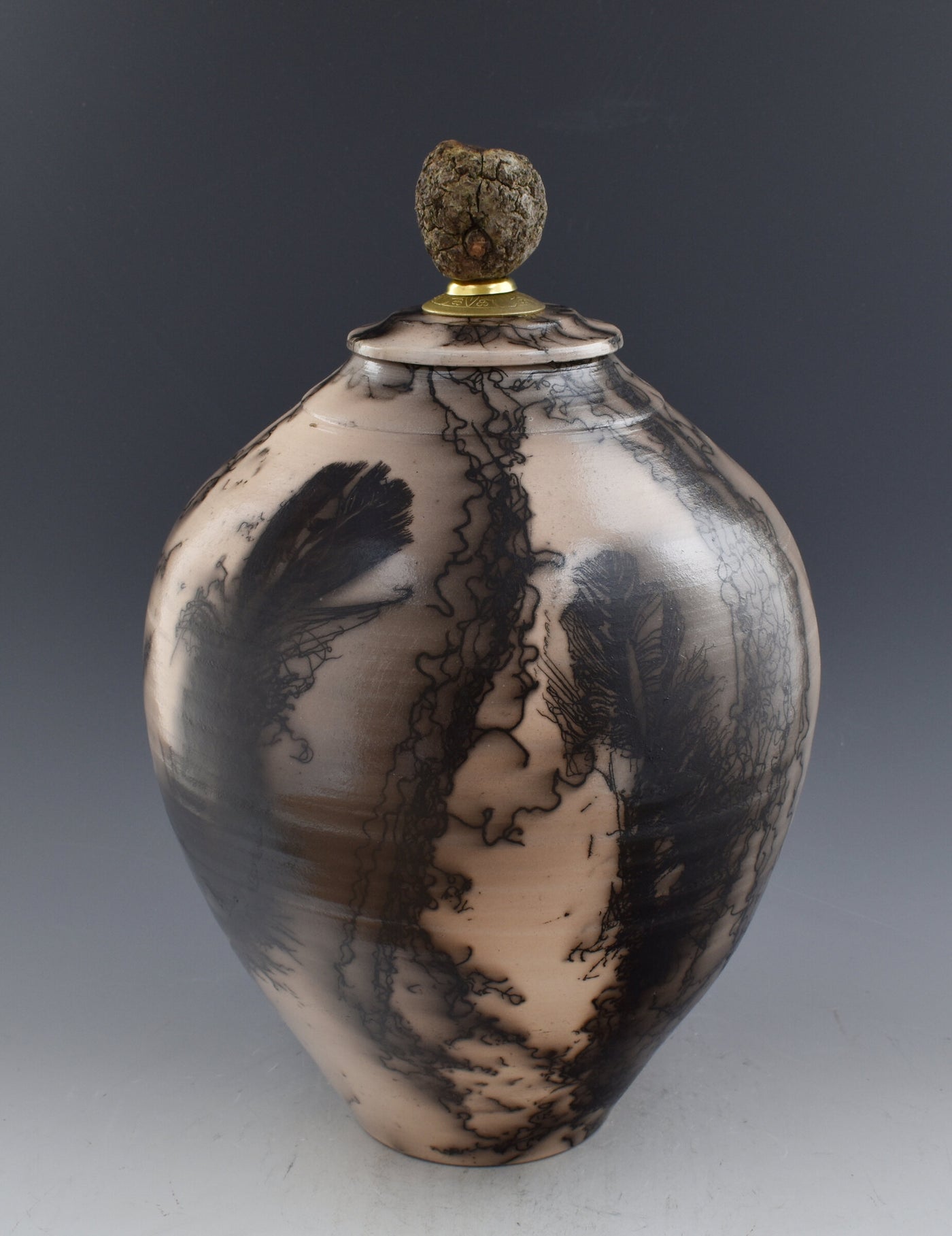 Horsehair Raku Stoneware Vessel with Oak Finial