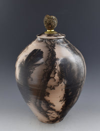 Horsehair Raku Stoneware Vessel with Oak Finial