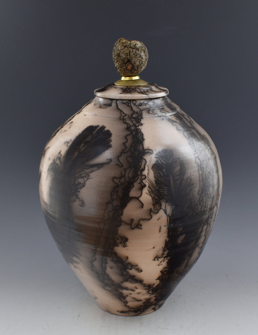 Horsehair Raku Stoneware Vessel with Oak Finial