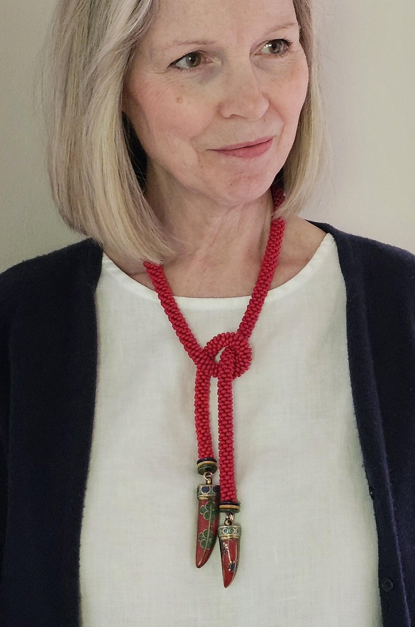 Tibetan Tooth & Red Bead Crocheted Rope
