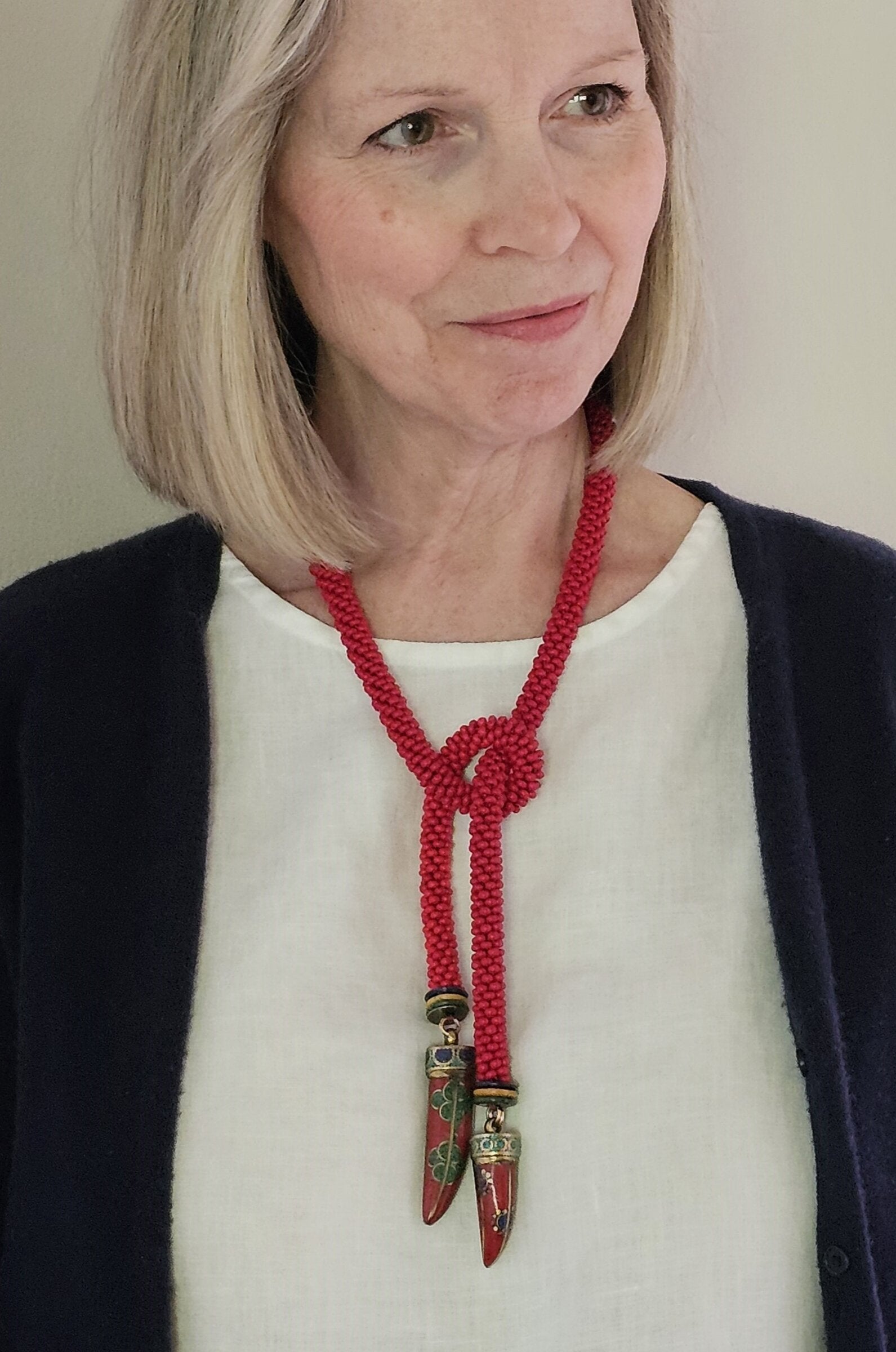 Tibetan Tooth & Red Bead Crocheted Rope
