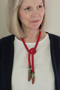 Tibetan Tooth & Red Bead Crocheted Rope