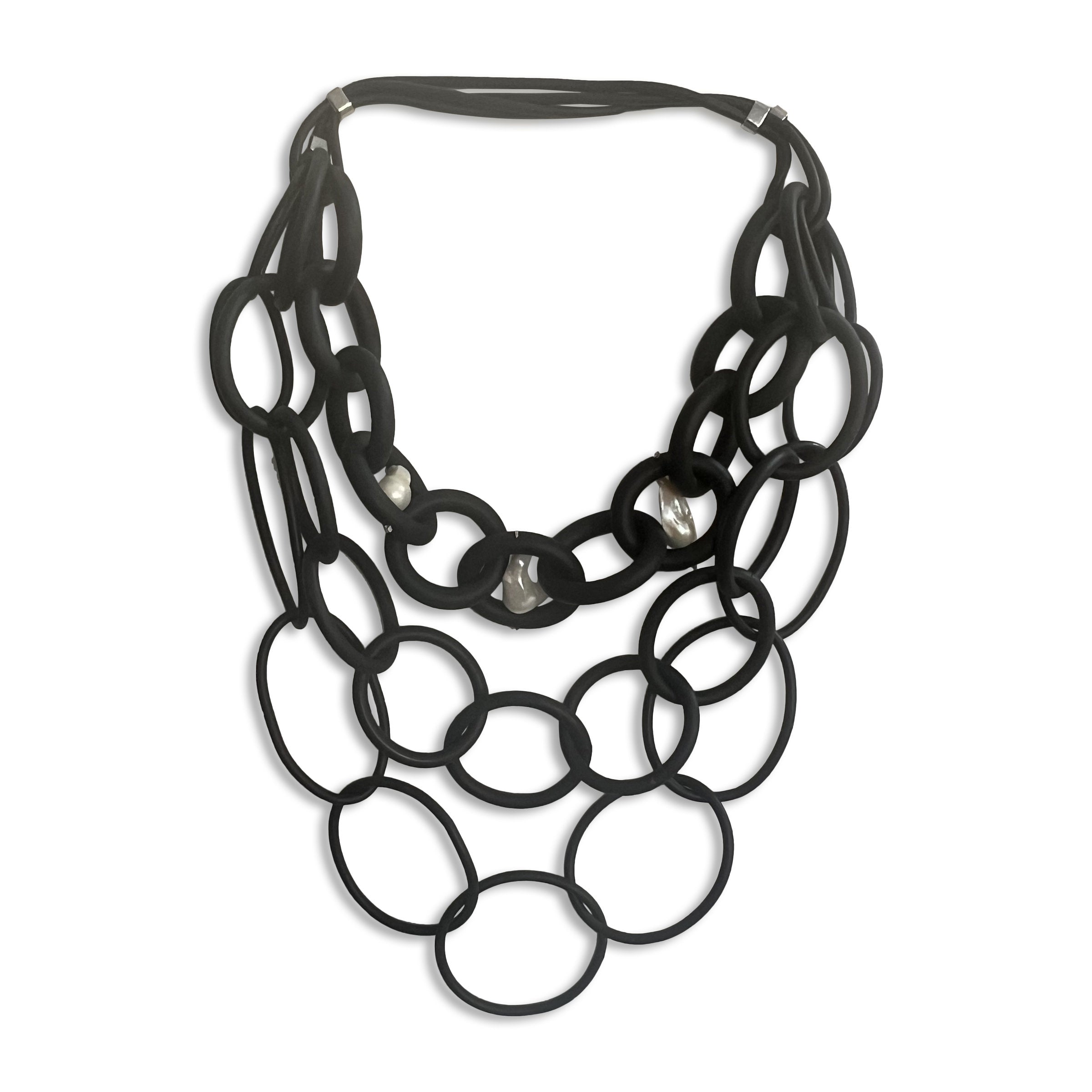 Triple Strand Black Rubber Necklace with White Baroque Pearls