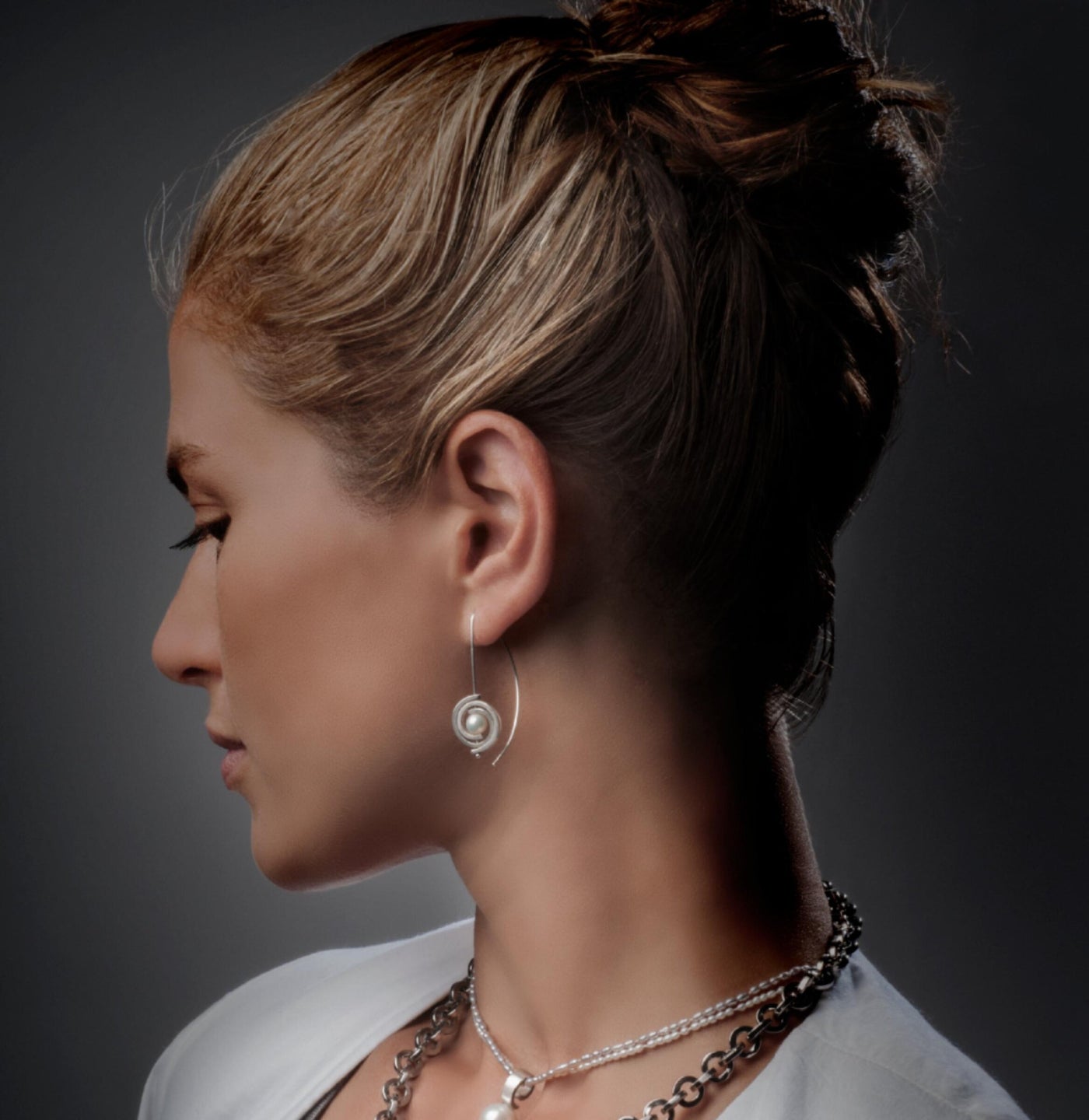 Orbits Small Spiral Earrings with White Pearl