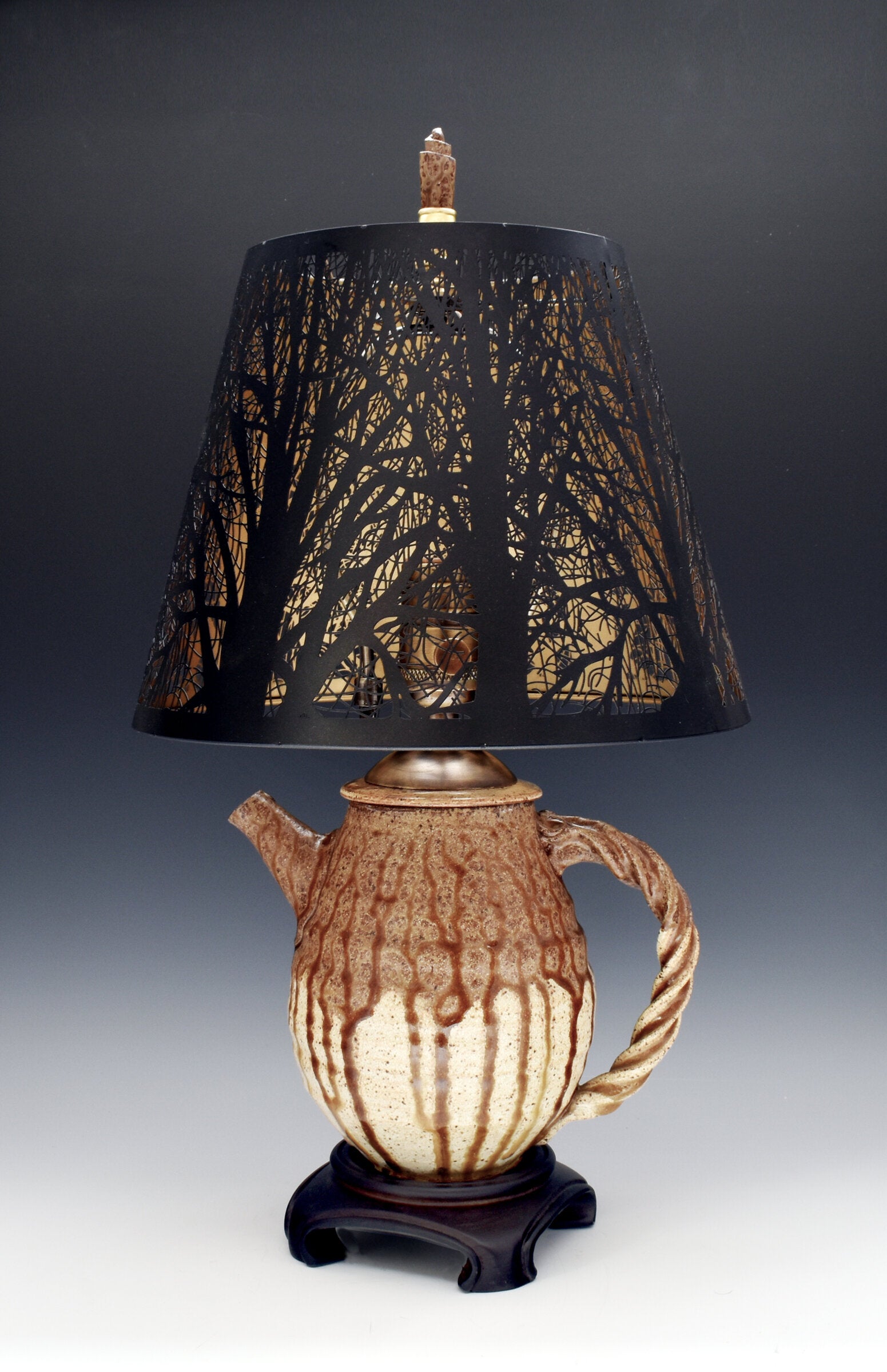 Stoneware Teapot Lamp with Steel Branch Shade