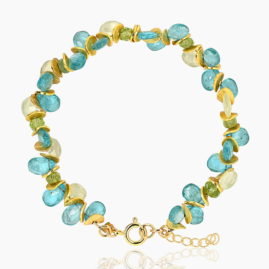 Signature Aqua Apatite, Prehnite, and Peridot Gold Bracelet