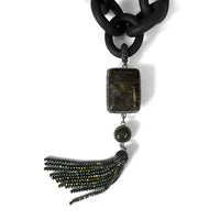 Large Labradorite and Rubber Necklace with Austrian Crystals Tassel