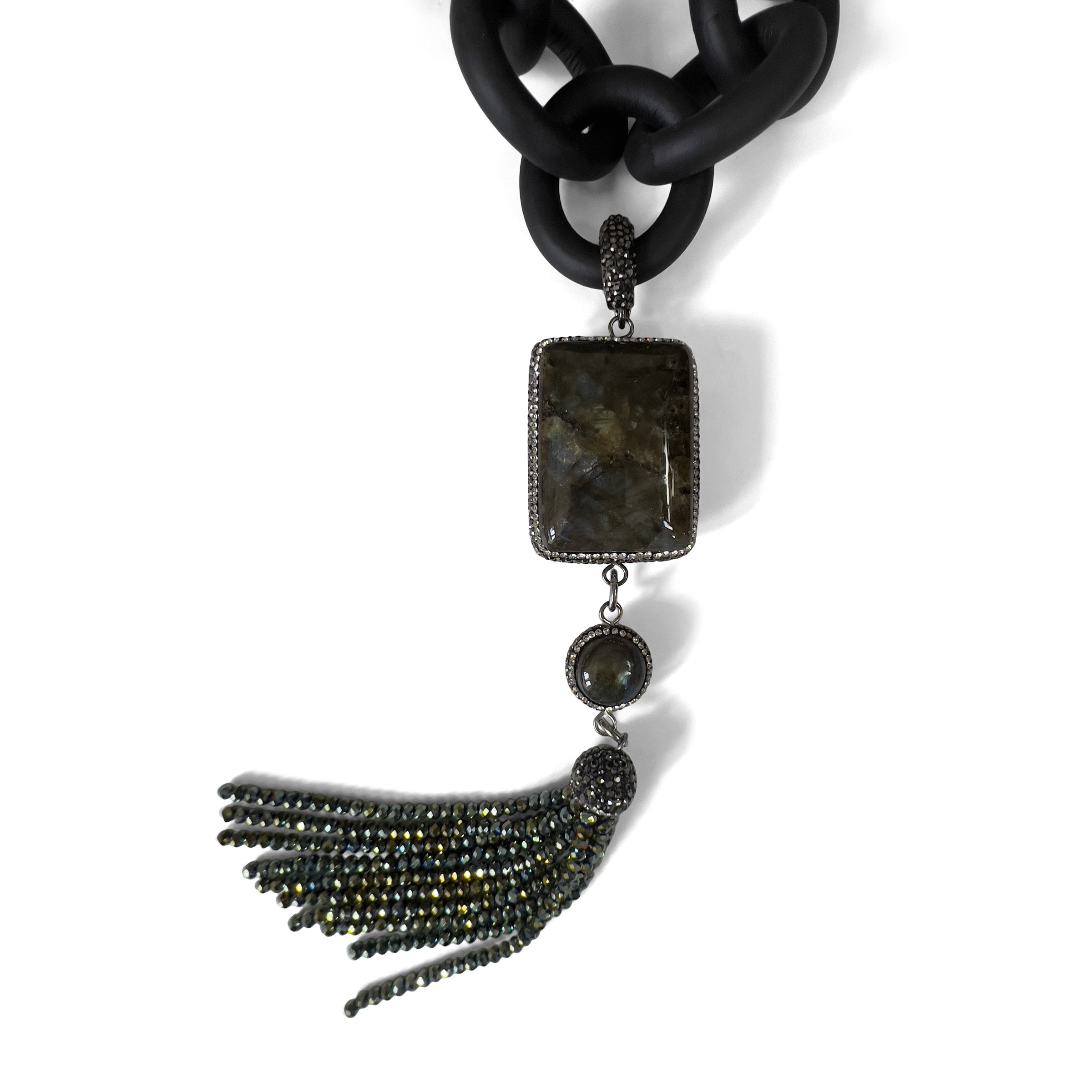 Large Labradorite and Rubber Necklace with Austrian Crystals Tassel