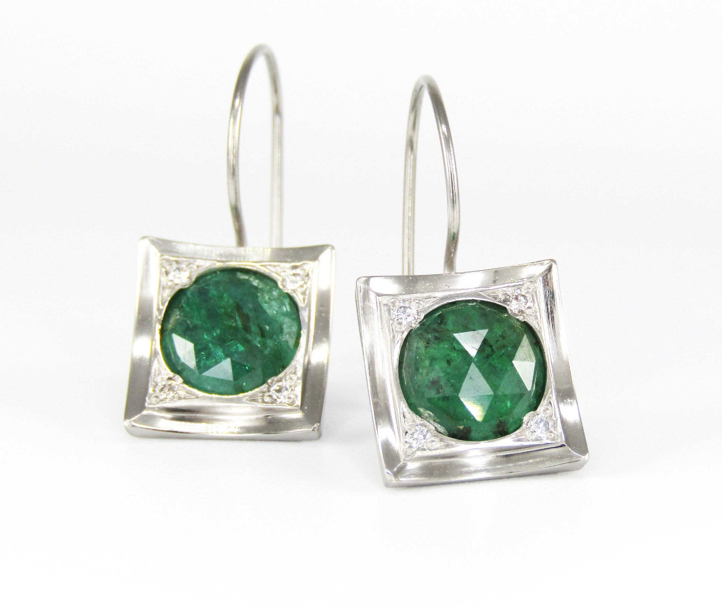 Contemporary Rose Cut Emerald and Diamond Earrings