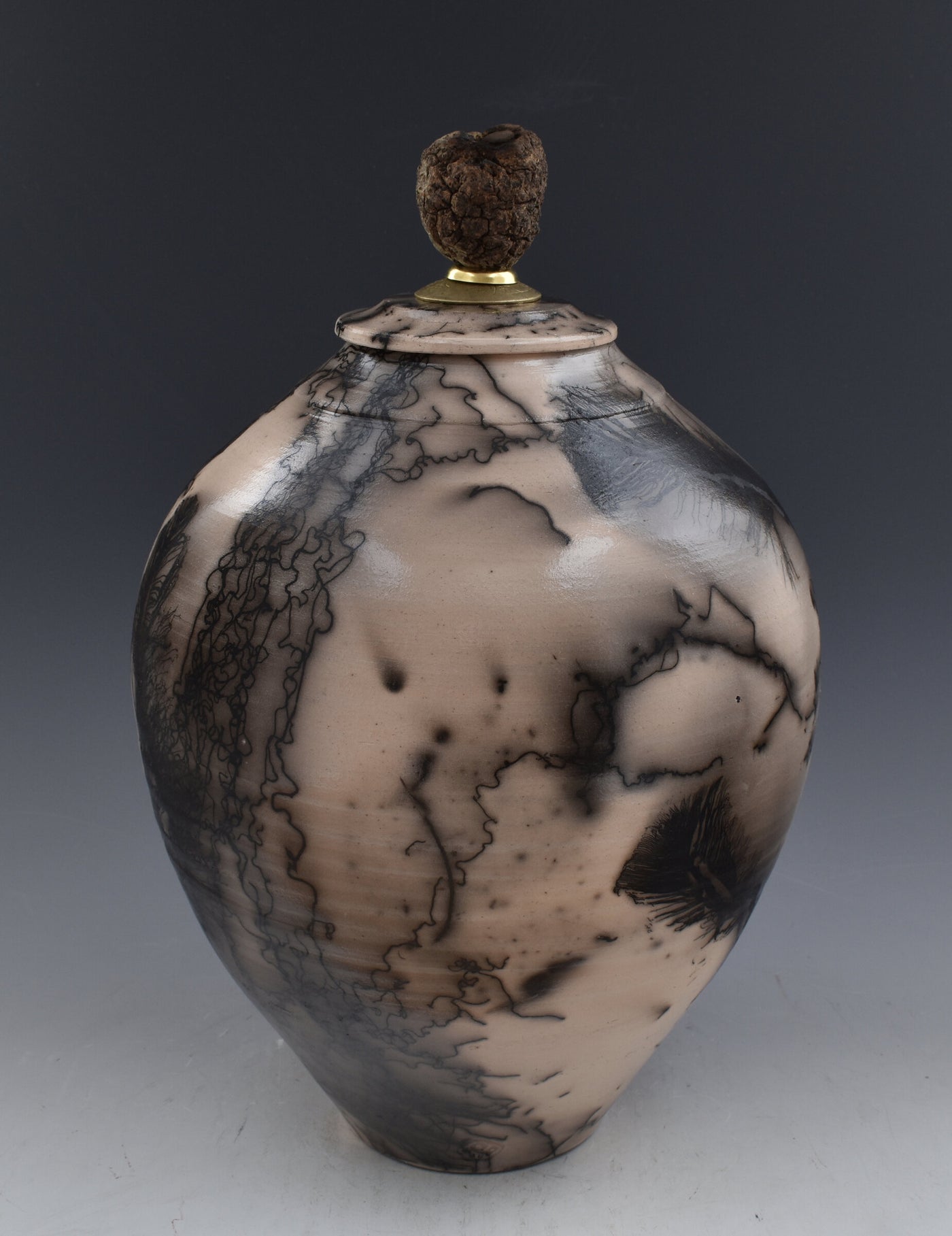 Horsehair Raku Stoneware Vessel with Oak Finial